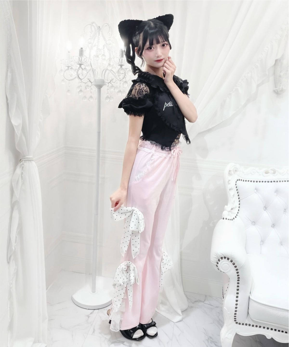 Ank Rouge ドットリボンのふりふりのカットパンツ