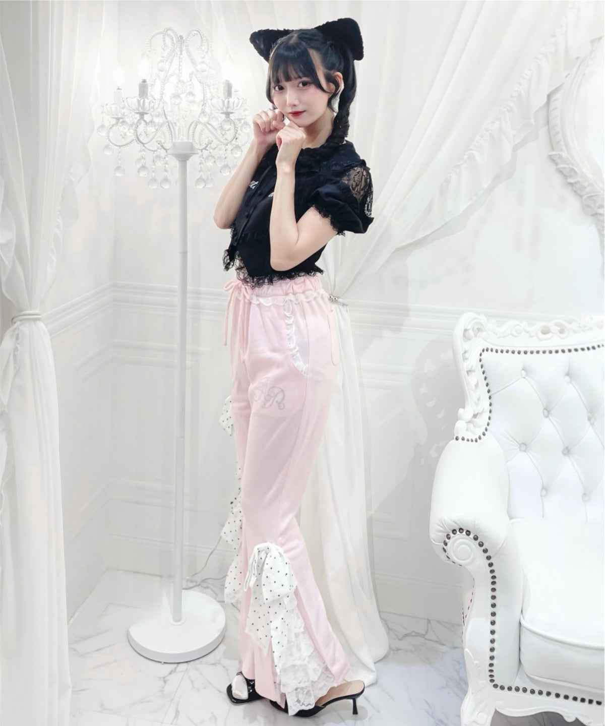 Ank Rouge ドットリボンのふりふりのカットパンツ